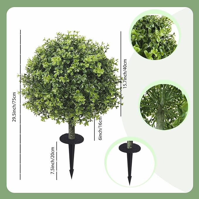 R’s Ceder Artificial Boxwood Topiary Ball Trees, 2 Set of 19'' UV Resistant Fake Evergreen Shrubs Bushes Plants with Ground Spike Fake Plants for Outdoor Indoor Front Porch Garden