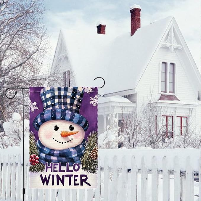 Winter Garden Flag 12x18 Inch Double Sided Small Burlap Outdoor Seasonal Decoration Cute Snowman Design with Plaid Hat and Scarf Hello Winter Welcome Flag for Yard Patio Front Porch