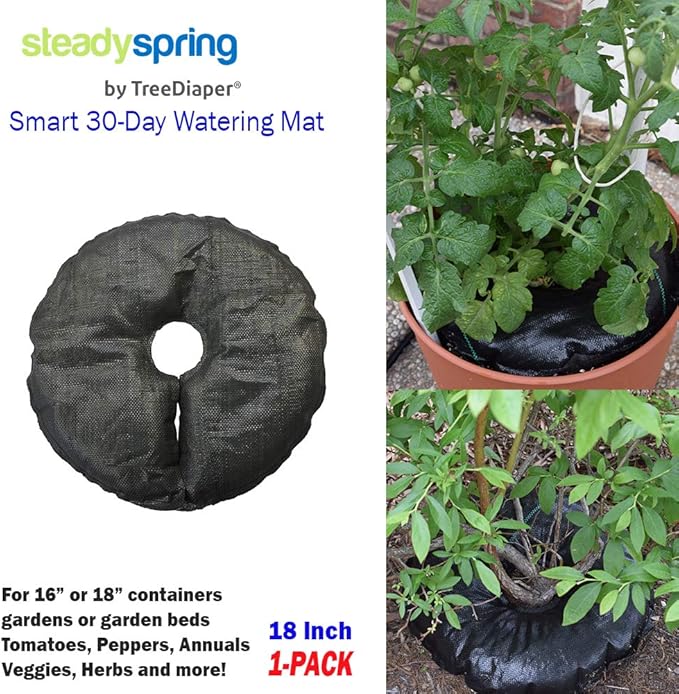 SteadySpring(R) Smart 30+Day Watering Mat Auto Refills with Rain for Tomato Plants, Peppers, Veggies, Perennials, Annuals in 1-2 Gallon Containers or with a 7 in to 10 in Root Ball (1)