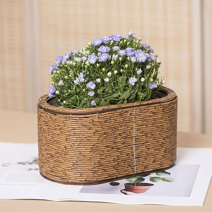 Rattan Flower Basket, Wicker Woven Planter with Plastics Liner, Hand Woven Basket Planter, Desktop Flower Pot for Bathrooms Kitchens Home Office