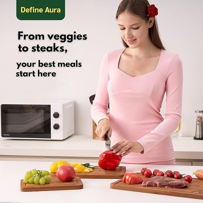 Define Aura Organic Bamboo Cutting Board Set of 3 – Wooden Kitchen Boards for Chopping, Meal Prep & Serving – Durable Charcuterie & Cheese Boards with Deep Juice Grooves and Side Handles