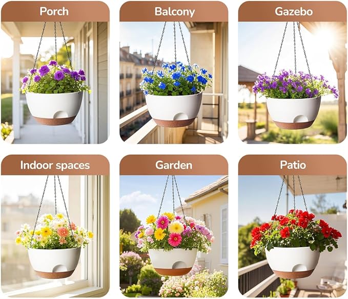 LESOASIS Hanging Planter, 12 Inch Self-Watering Hanging Planters for Indoor Outdoor Plants, Hanging Basket for Plants Flowers Outdoor (White)