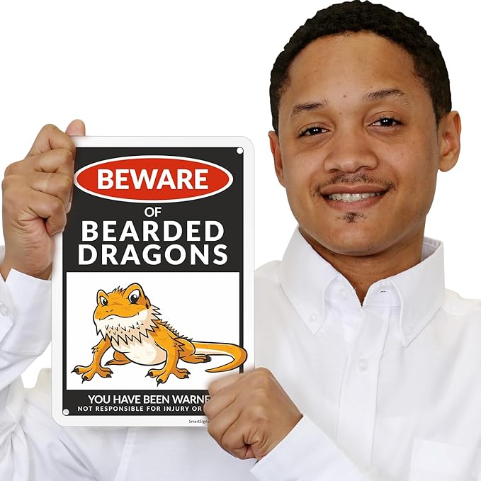 SmartSign Funny Beware Of Bearded Dragons Warning Sign - 10"x7", 40 mil Laminated Rust-free Aluminum - Metal Signs for Wall Decor, Outdoor, Patio, Gifts, Cafe - Dragon Theme, Made in USA