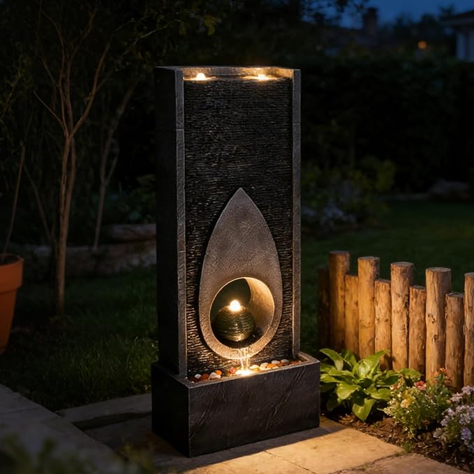 46.5’’Tall Modern Water Fountain Indoor Outdoor Waterfall Feature Floor Standing with Sphere and LED Lights for Garden, Yard, Patio, Deck, Porch, Livingroom Decor