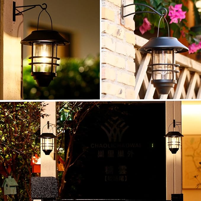 2 Pack Solar Wall Lanterns Outdoor Waterproof Hanging Solar Wall Lights Glass Metal with Wall Mount Bracket,Garden Lantern Warm White 3000K, Auto Dusk to Dawn for Outdoor Front Porch Exterior Lighting