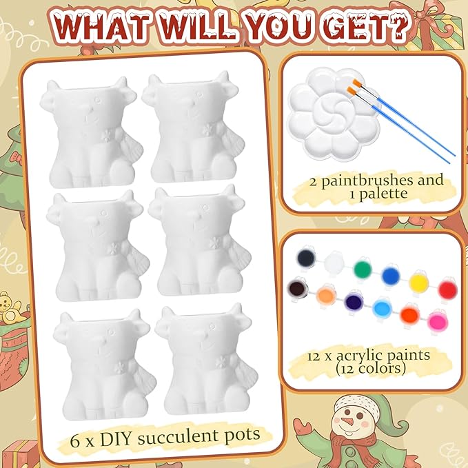 Pasimy 6 Set Ceramics to Paint DIY Ceramic Succulent Planter Pots Paint Your Own Flower Pots Craft Kit Unpainted Bisque Flowerpot with Brush Palette for Family Activity Holiday Gifts(Elk)