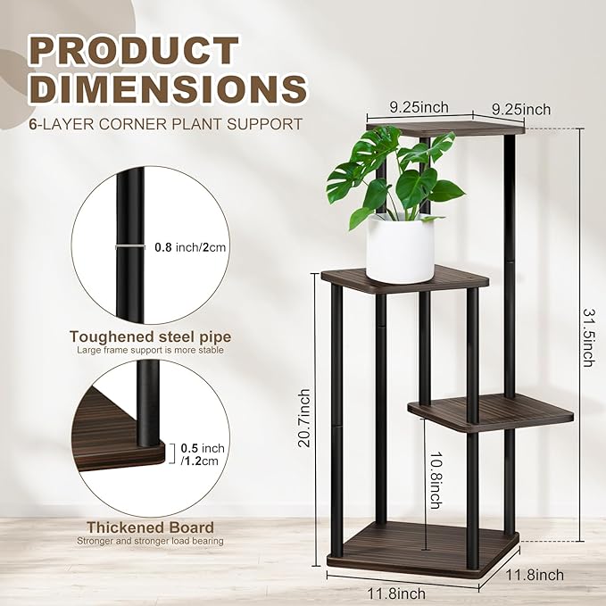 YOCOMEY 4 Tier Wood Tall Plant Stand Metal Rack Indoor, Multiple Flower Pot Holder Shelves Corner Rack, Planter Shelf Display Rack Storage Organizer for Patio Living Room Balcony Garden(Black Oak)
