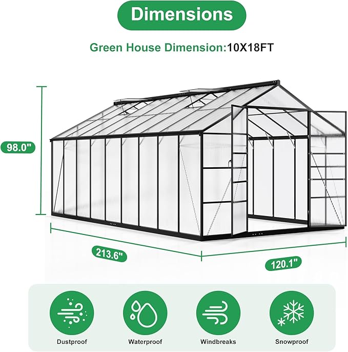 WKM 10x18 FT Greenhouse for Outdoors, Walk-in Polycarbonate Greenhouse with Quick Setup Structure and Roof Vent, Heavy Duty Green House for Outside Garden Backyard, Black