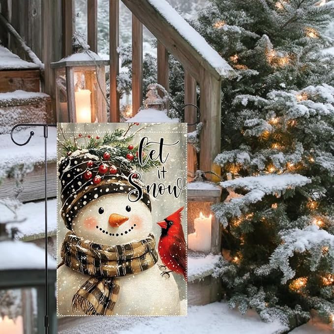 Let It Snow Garden Flag 12x18 Inch Double Sided Burlap Snowman Winter Yard Flag Cardinal Outdoor Holiday Christmas House Banner Small Seasonal Welcome Decoration for Porch Lawn