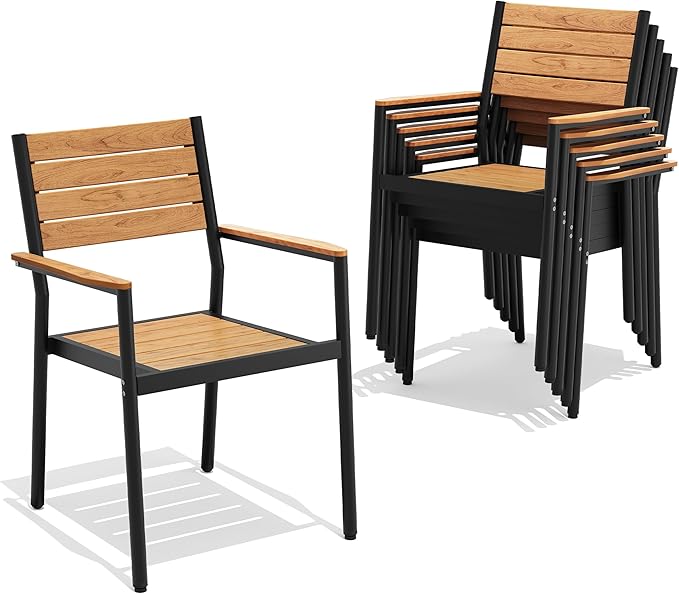 Pellebant Stackable Outdoor Dining Chairs Set of 6, Aluminum Patio Chairs with Arms, All-Weather for Garden, Lawn, Deck, Porch and Yard, Brown