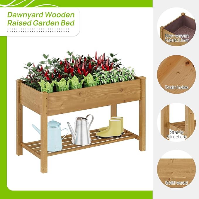 Raised Garden Bed, Planter Box with Storage Shelf, Elevated Wooden Planter Box with Legs, Garden Planter for Backyard, Patio, Balcony, Natural Wood (Brown, M)