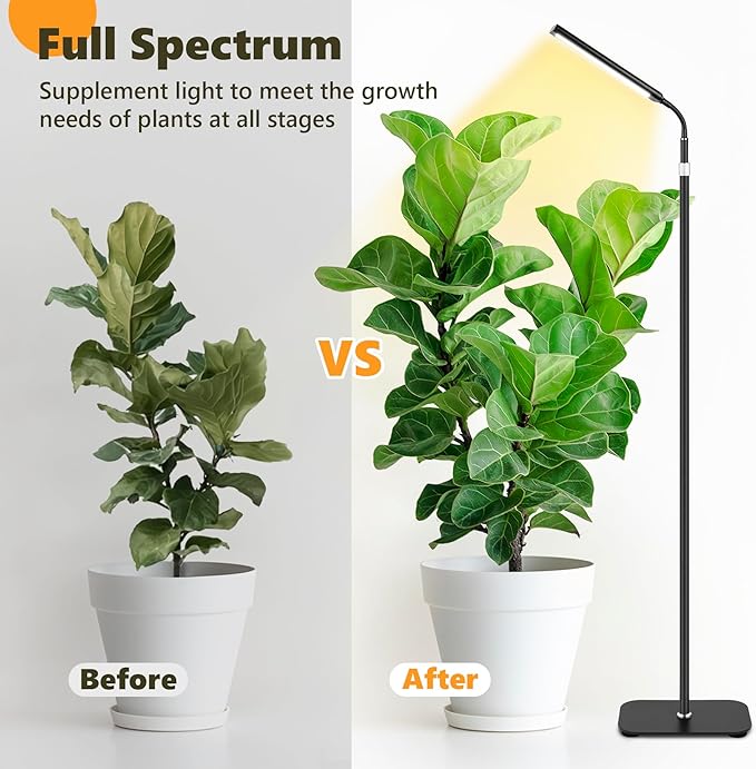 VSOKE Grow Light for Indoor Plants, Full Spectrum LED Grow Light with Stand, Auto On/Off Timer, Height Adjustable Floor Plant Lamp with Gooseneck, 10-Level Dimmable Light for Small Tall Houseplants