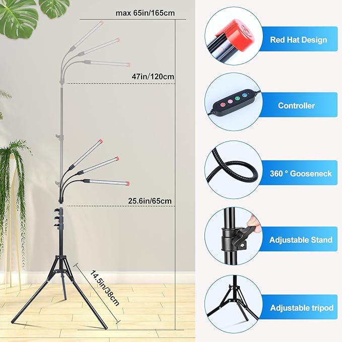 Orchbloom 3-Head Grow Light with Stand and Timer, 27 Watt Power Home Plug LED Grow Lights for Indoor Plants for Tall Houseplants, Bonsai Tree, Seed Starting, 24"-64" Adjustable Height