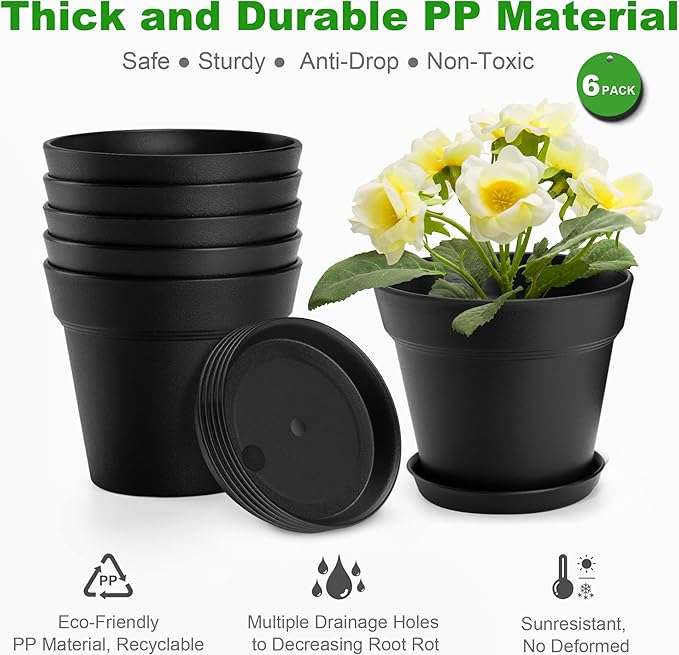 6 Pack Plastic Plant Pots with Drainage Holes and Tray, 7 inch Thickened Indoor Planters Seedlings Nursery Pots for Flowers, African Violet, Succulent and All House Plants, Black