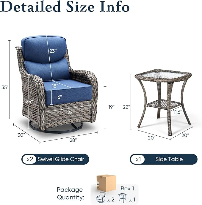 Belord Luxury 6" Thick Cushioned Outdoor Swivel Rocker Patio Chairs with Side Table, High Back Wicker Furniture Set with Ergonomic Zone Back, Conversation Glider Set for Deck Porch - Grey+Blue