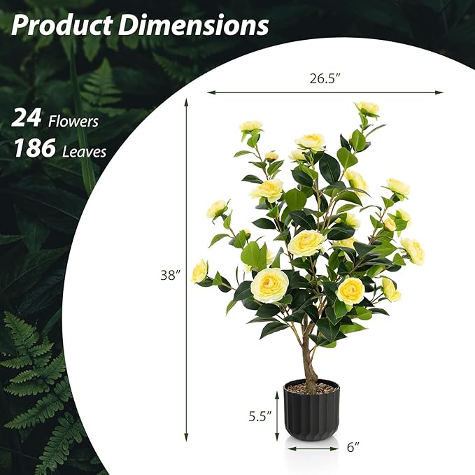 Goplus 38’’ Artificial Camellia Tree, Flower Plants Artificial Tree, Faux Floral Plant Blooming Tree in Cement Pot, Greenery Potted Plant for Indoor Outdoor Office Home Porch Decor