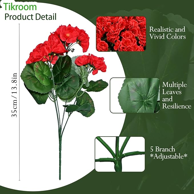 Tikroom 6 Pcs Artificial Geranium Flowers for Outdoors Fake Silk Faux Geranium Plant UV Resistant Fake Flowers for Outdoor Planters Garden Windowsill Balcony Courtyard Yard Porch Home Decor