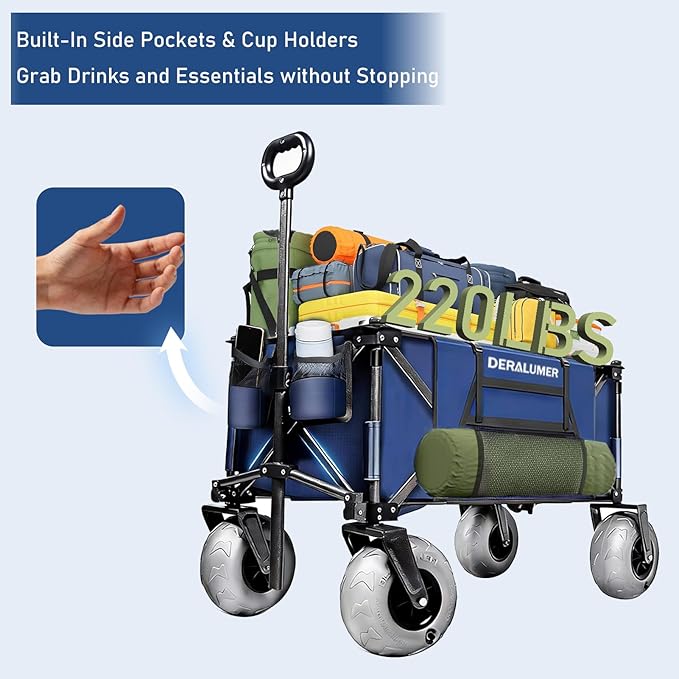 Beach Cart with Big Wheels for Sand, 35"L Heavy Duty Folding Beach Wagon with 9×4" Balloon Tires, All Terrain Utility Cart for Garden, Sports, Camping, Outdoor (Sand Rover X800-BS,Navy Blue)