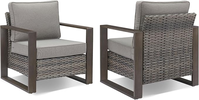 Rilyson Outdoor Wicker Patio Furniture Set - 5 Piece Patio Conversation Set with 2 Wicker Armrest Chairs,2 Rattan Ottoman and 1 Couch,Sturdy Frame,Thick Cushions,Deep Seating(Mixed Grey/Grey)