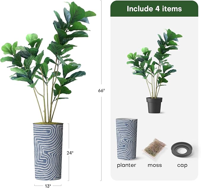 Artificial Tree in Contemporary Geometric Pattern Planter, Fake Ficus Lyrata Silk Tree for Indoor and Outdoor Home Decoration - 66" Overall Tall (Plant Pot Plus Tree)