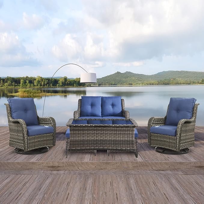Patio Furniture Swivel Chairs Set - 6 Piece Wicker Rattan Outdoor Sectional Conversation Sets with 2 Swivel Rocking Chairs,2 Ottomans,1 Loveseat and 1 Coffee Table for Porch Deck(Mixed Grey/Blue)