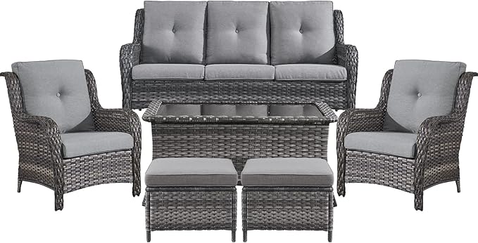 Belord Patio Wicker Sofa Set 6 Pieces Patio Furniture Set Outdoor Couch, 2 Patio Wicker Chairs with 1 Sofa, Coffee Table and Ottomans, Patio Conversation Set for Porch Garden Deck Balcony Poolside