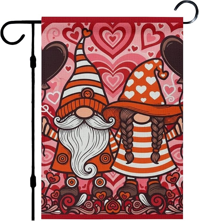 Valentines Garden Flag 12X18 Inch Linen Cute Gnome Flags Banners for Home Outdoor Decor Yard Patio Lawn Decorations Yard Flags Happy Valentine's Day Banner Garden Outside Linen