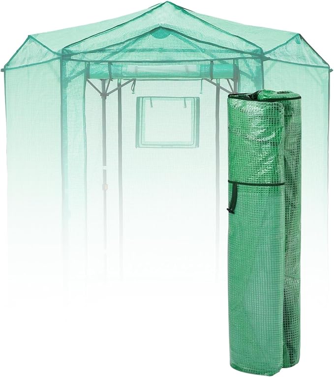 EAGLE PEAK Replacement Cover for 6.6x6.6 ft Hexagon Pop up Greenhouse, Front and Rear Roll-Up Zipper Entry Doors and 2 Roll-Up Side Windows (Frame Not Included), Green