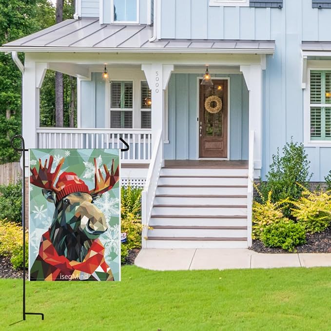 Moose with Red Scarf and Hat Snowflake Christmas Garden Flag, 28x40 Inch Double Sided Linen Holiday Red Winter Farmhouse Yard Outdoor Decoration (4336)