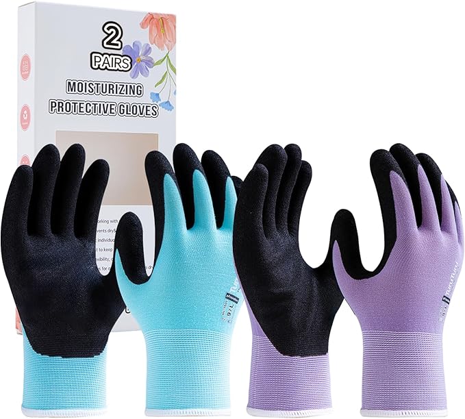 HandLove 2 Pairs Gardening Gloves for Women-Moisturizing Durable Work Gloves.Latex-free Sandy Nitrile Coated for Yard Garden,Touchscreen Friendly Protective Work with Grip, Large,Blue&Purple