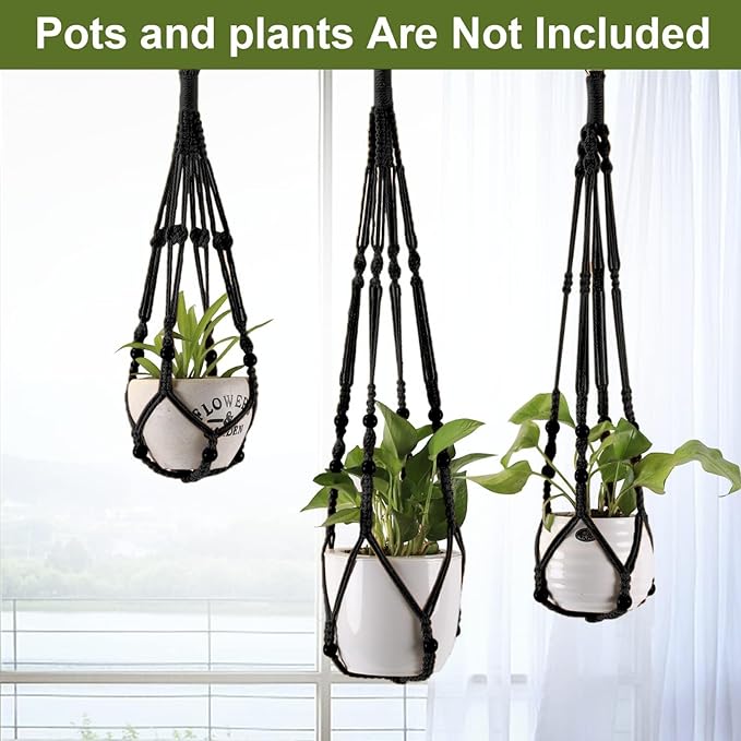MKO SHUN 3-Pack Macrame Plant Hanger Indoor - Hanging Planter Basket for Indoor Outdoor - Decorative Boho Plant Holders Set with Beads - Ceiling Flower Pot Holder with 6 Hooks - 35"/30"/24" Black