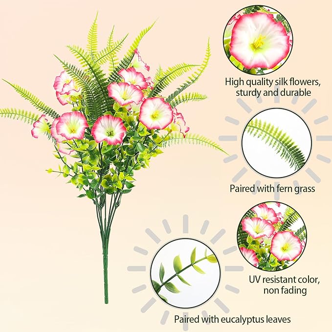 HIAGROW Artificial Flowers Outdoors 12 Bundles Pink Artificial Petunias Fake Flowers UV Resistant Shrubs Plants with Fern for Indoor Outside Hanging Planters Home Garden Summer Decorations