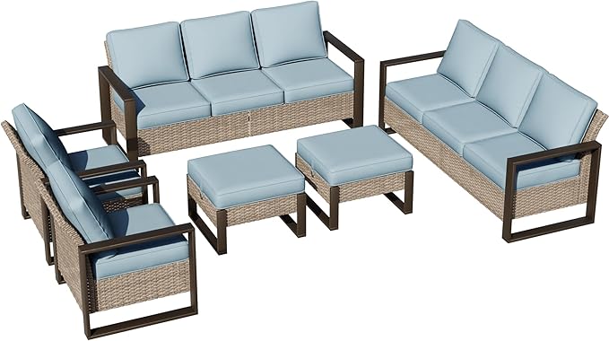 Joyside Outdoor Patio Chairs, 5 Pieces Wicker Rattan Furniture Set, 2 Patio Chairs, 2 Sofa and 2 Ottoman, Metal Wide Armrest, Thick Cushions and Deep Seating for Garden, Backyard, Porch, Deck