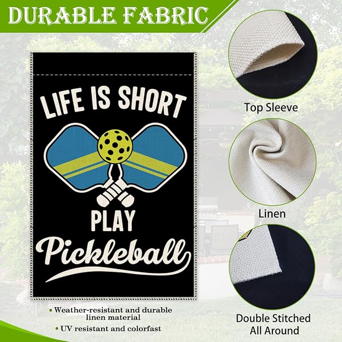 Hafhue Life Is Short Play Pickleball Garden Flag, 12 x 18 Inch Double Sided Farmhouse Holiday Yard Garden Lawn Court Backyard Decoration Flag, Retirement Gifts for Pickleball Lover Men Women