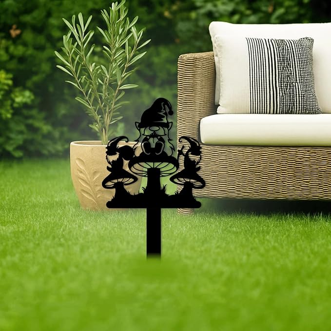 Magilab Personalized Iron Yard Stake - Christmas Cute Gnome Dwarves Decor, 8-Inch Black Metal Garden Sign for Outdoor (Style S)