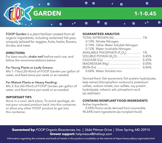 FOOP Garden - Organic Liquid Plant Food Made from Fish Manure (with Fresh Minty Scent) | Fish Fertilizer Alternative Perfect for Veggies, Herbs, Flowers, Trees, Shrubs | OMRI Listed (5 Gallons)