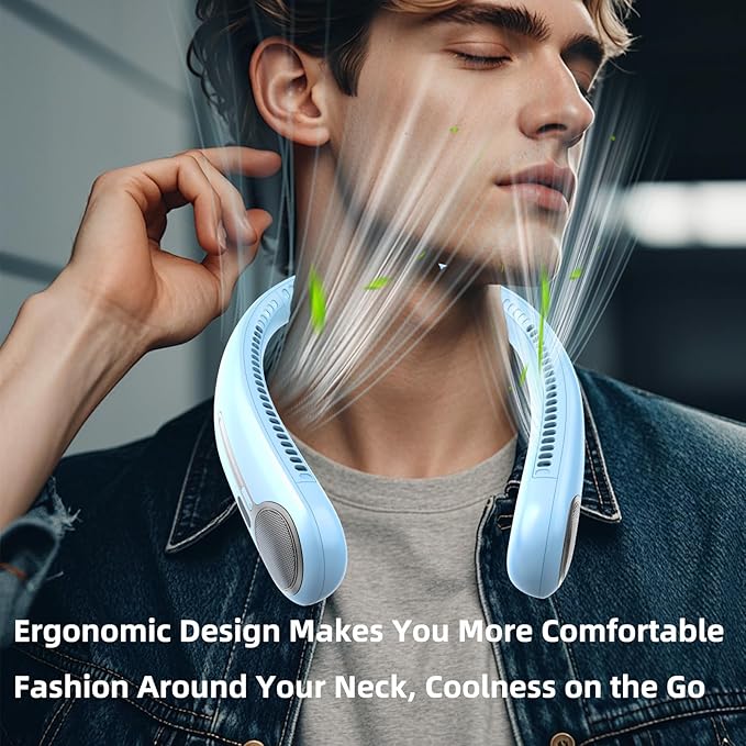 Kinhowly Portable Neck Fan,Hands Free Personal Wearable Bladeless Fan,6000mAh USB Rechargeable,360° Cooling,LED Display,4-Speeds,Birthday Gifts for Men Women Dad Mom,Valentines Day Gifts (Light blue)