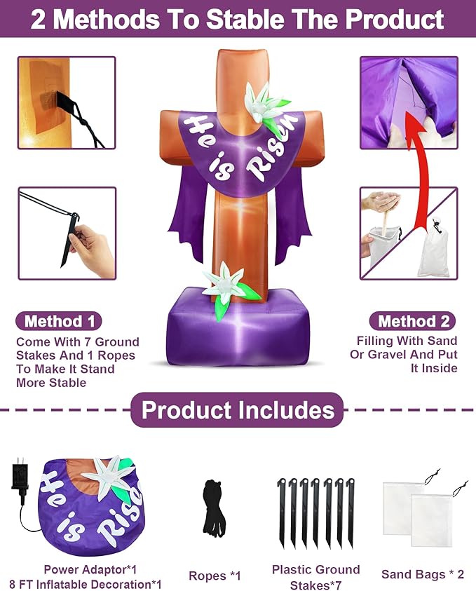 8 Ft Easter Inflatable Cross Outdoor Decoration, Blow Up He is Risen Yard Decorations with Built-in LED Lights Easter Party Decor Yard Garden Lawn Indoor Outdoor Home