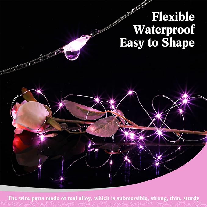 Hortsun 100 Packs Fairy Lights Battery Operated 3 Speed Modes, 7 Ft/ 2 M 20 LED Battery String Mini Waterproof Wire Twinkle Lights Bulk for Wedding Party Birthday Vases Decor (Pink Light)