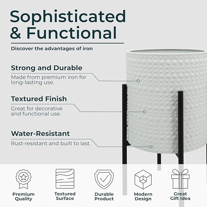 Decorative Flower Pots with Metal Stand for Home Decor - Modern Planters for Hallway, Entryway, and Living Room Decor - Indoor and Outdoor Pots for Plants - Set of 2, 23", 19", White & Black