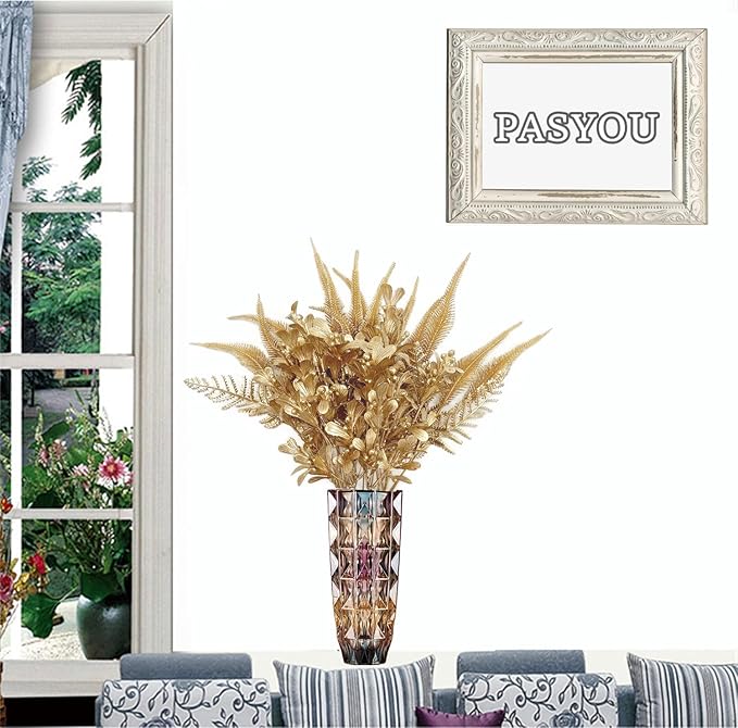 PASYOU Fake Plants Gold Flowers Bouquet Christmas Decoration, Artificial Shrubs Plastic Grass Leaves Indoor Outdoor Home Garden Party Hotel Verandah Wedding Event Faux DIY Table Decor - Golden 4 Pack