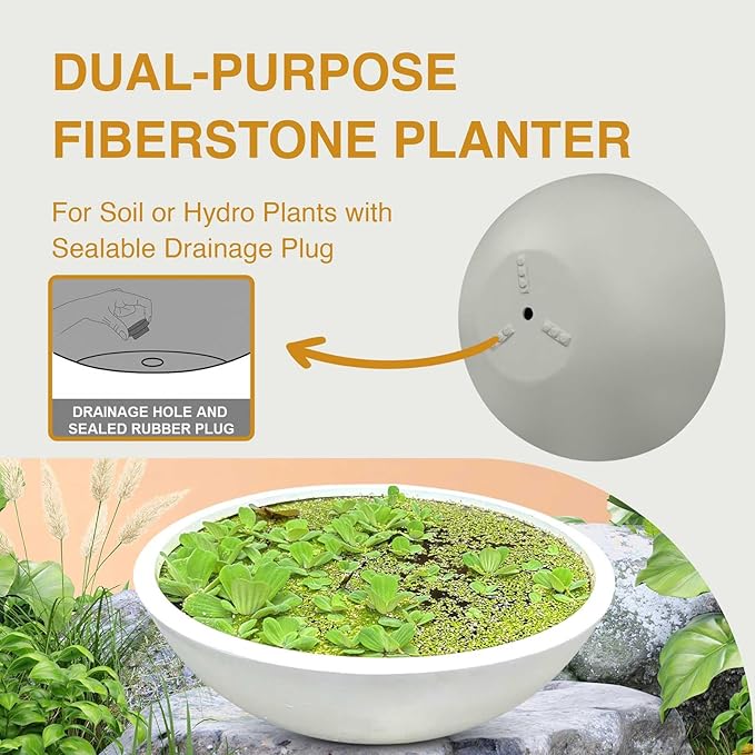 KUTE NEST 7.7" H x 22" D Round Bowl Fiberstone Planter for Succulent and Lotus with Drainage Hole, Smooth Finishes, Weather Resistant, Included 2 Extra Coco Mats (White, 19.9" Pot Opening)