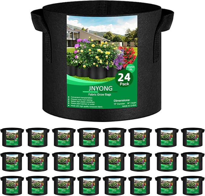 JNYONG 24-Pack 5 Gallon Thickened Non-Woven Grow Bags, Aeration Fabric Pots with Handles