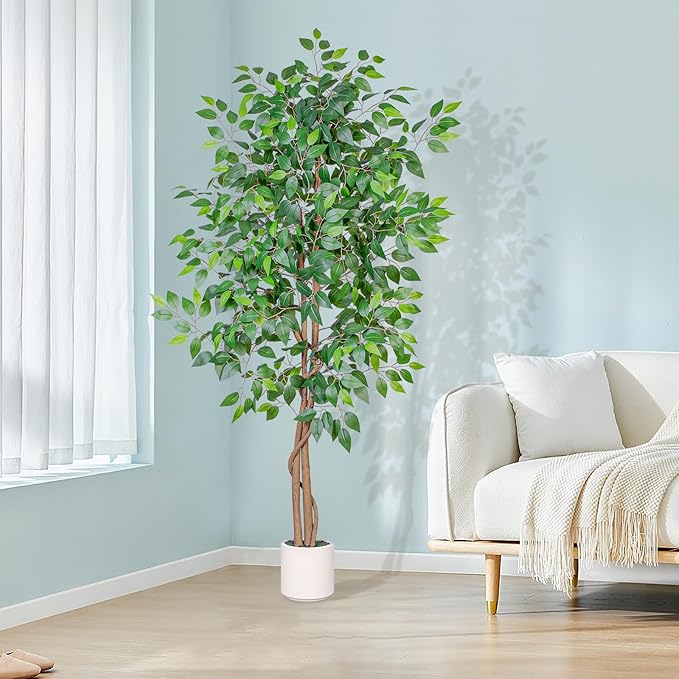 VIVATREES 5FT Artificial Ficus Tree with White Planter, Realistic Faux Silk Indoor Outdoor Plant for Home Office Living Room, Porch, Garden Decor