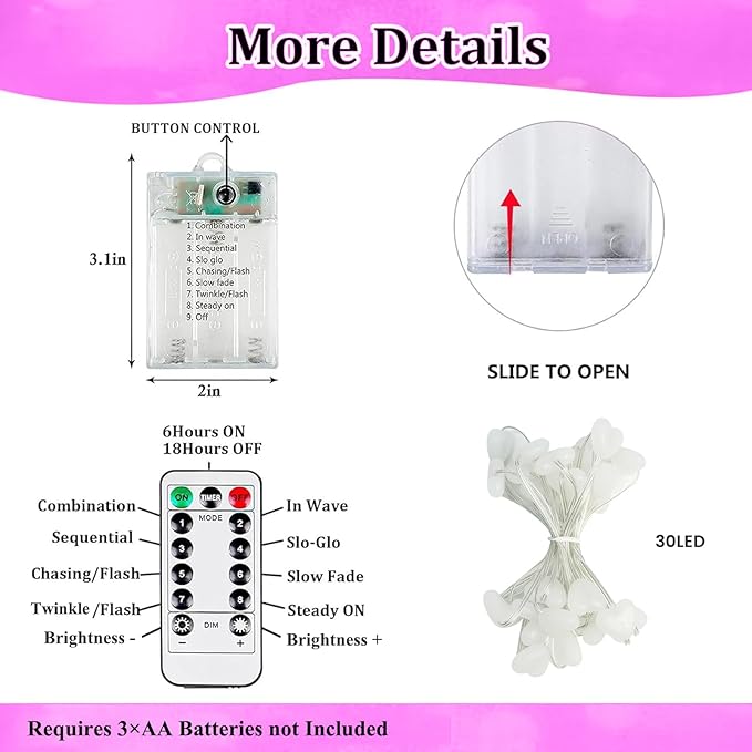 Valentine’s Day Twinkle Fairy Lights with Timer | 10FT 30LED Battery Operated Pink Heart Light with Remote for Wedding Bedroom DIY Indoor, Girl‘s Romantic Gifts Valentine Decor