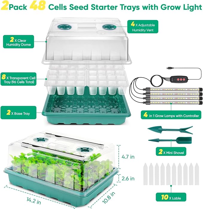 96 Cells Seed Starter Tray with Grow Light, Seed Starter Kit with Adjustable Humidity Dome, Seed Starting Trays Plant Starter Kit for Seeds Growing Starting, Indoor Gardening, Greenhouse
