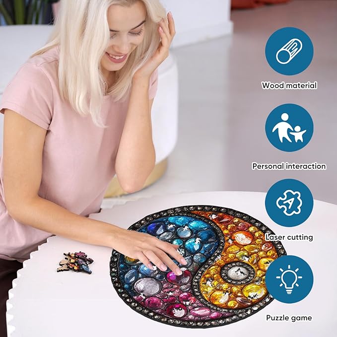 Delobil Puzzles for Adults 200 Pieces, 5MM Thick Colorful Crystal Yin-yang Wooden Puzzles, Gemstones Jigsaw Puzzles for Adults and Kids, Family Game Gift 11.2 * 11.2Inch