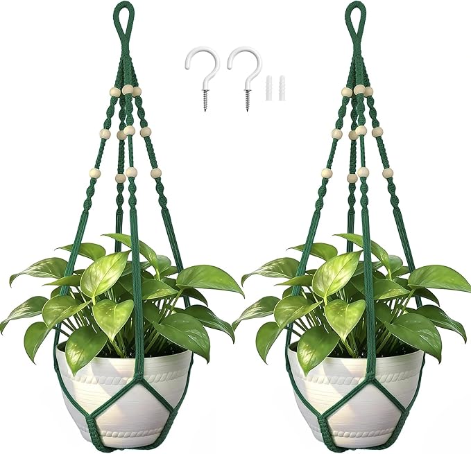 EJGIEGSO Macrame Plant Hanger,Up to 4-15 inch Pots, Wood Beads Cotton Hanging Planter Holder for Indoor Outdoor Boho Home Decor, 35 Inch, Ivory, Set of 2 (Green)