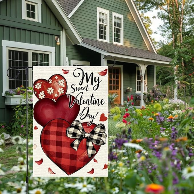 Valentines Day Garden Flag 12x18 Inch Double Sided Small Burlap Featuring Red Hearts and My Sweet Valentine Day Text for Outdoor Decor