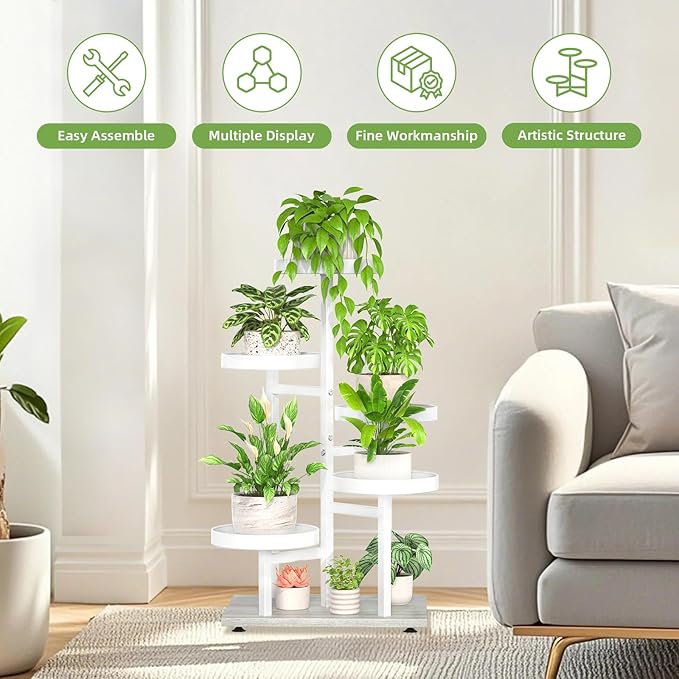 iDavosic.ly 5 Tier Plant Stand Indoor, Tiered Corner Metal Wood Multiple Flower Holder Shelf, Tall Orchid Display Rack for Patio Porch Living Room Balcony Outdoor, White
